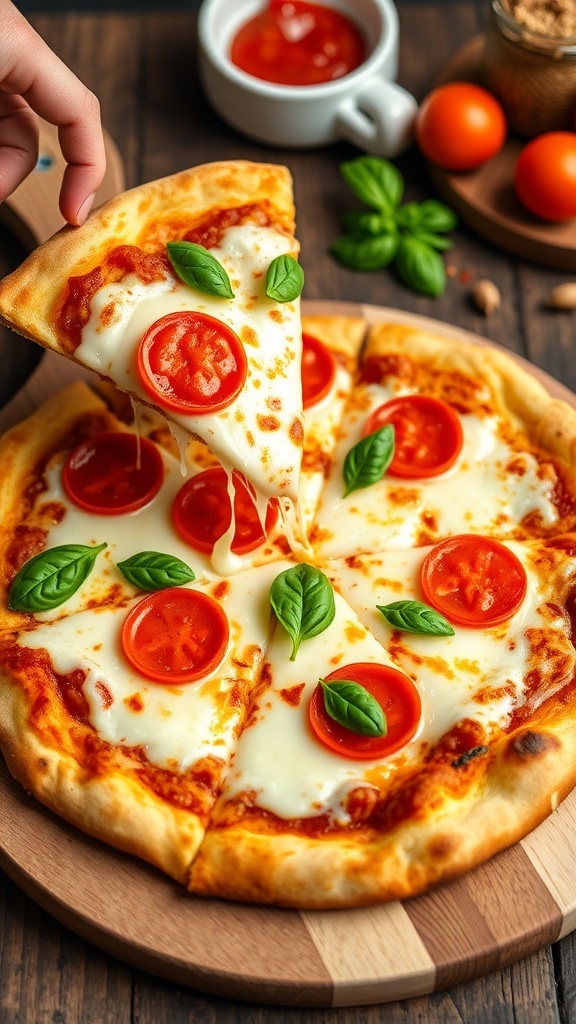 A keto pizza with a golden crust, topped with cheese and pepperoni, on a wooden board.